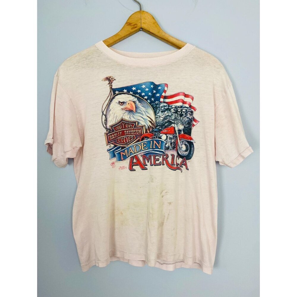 80s Harley Davidson 3D Emblem T-shirt Size S Made in America, 1987 American Way